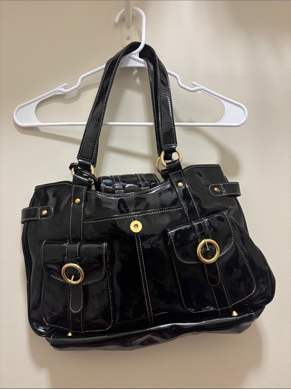 Black Patent Shoulder Bag with Gold-Tone Hardware